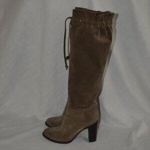 Sz 37 6.5 Tila March Light  Brown Suede Pull On Drawstring Detail 3.5" Heels Boo